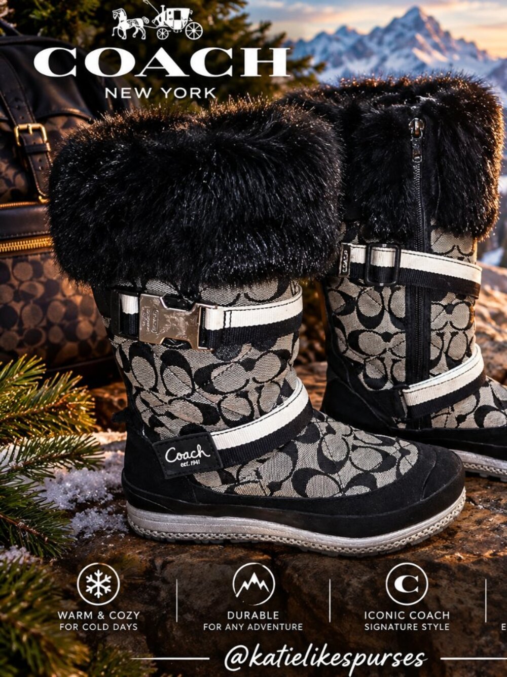 Coach Mariette Winter Boots Signature Monogram Canvas with Rabbit Fur Trim 6.5
